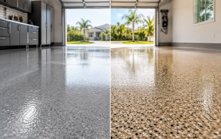 Polyaspartic vs epoxy garage floor coating comparison showing two glossy decorative finishes in a modern Florida garage.