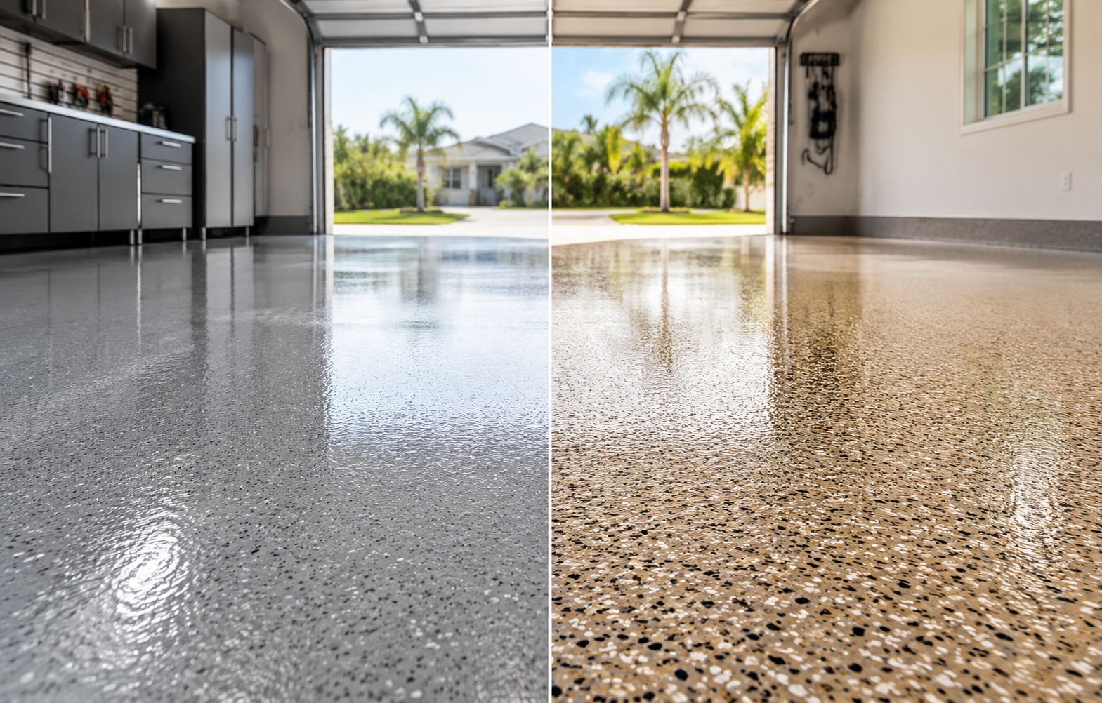 Polyaspartic vs epoxy garage floor coating comparison showing two glossy decorative finishes in a modern Florida garage.